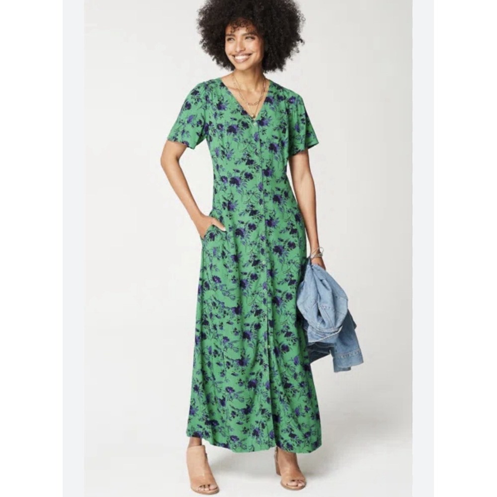 NWT J‎ Jill Green W Purple Floral Tie Back Button Front Maxi Dress Size 4X